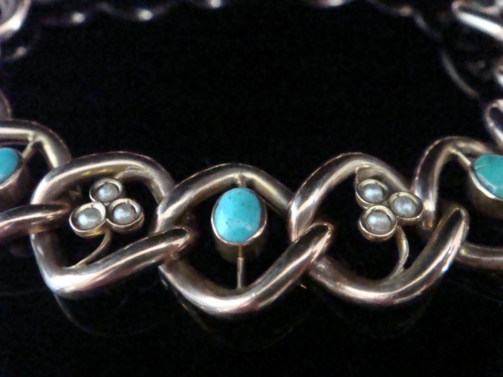 EDWARDIAN 9CT ROSE GOLD TURQUOISE SEED PEARL BRACELET 13.2G View II