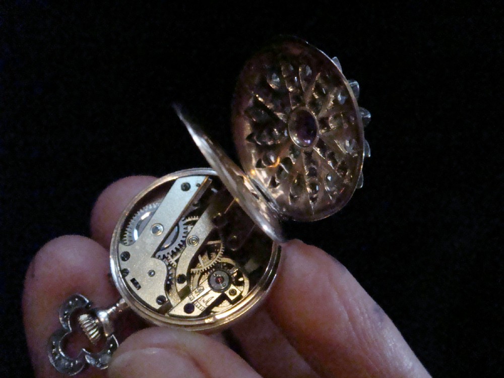 VICTORIAN FRENCH 18CT SILVER OLD CUT DIAMOND RUBY POCKET WATCH PENDANT
 View II