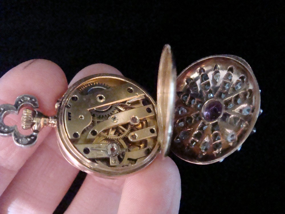 VICTORIAN FRENCH 18CT SILVER OLD CUT DIAMOND RUBY POCKET WATCH PENDANT
 View III