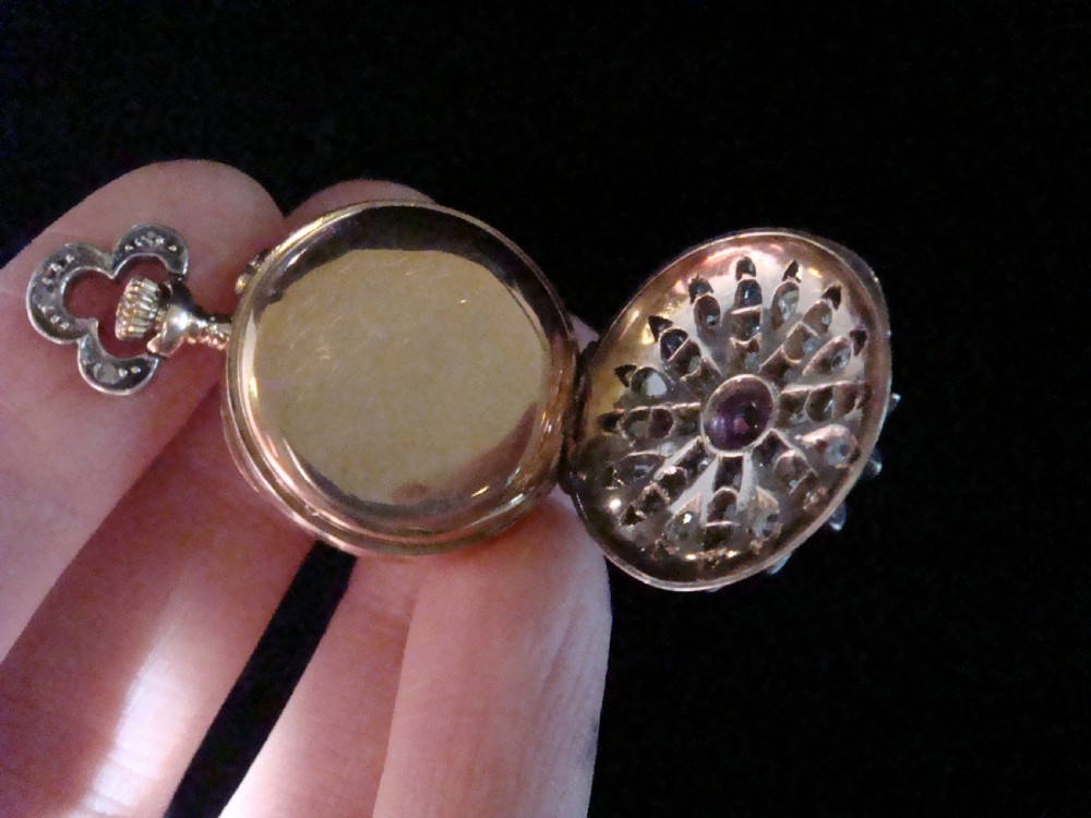 VICTORIAN FRENCH 18CT SILVER OLD CUT DIAMOND RUBY POCKET WATCH PENDANT
 View IV