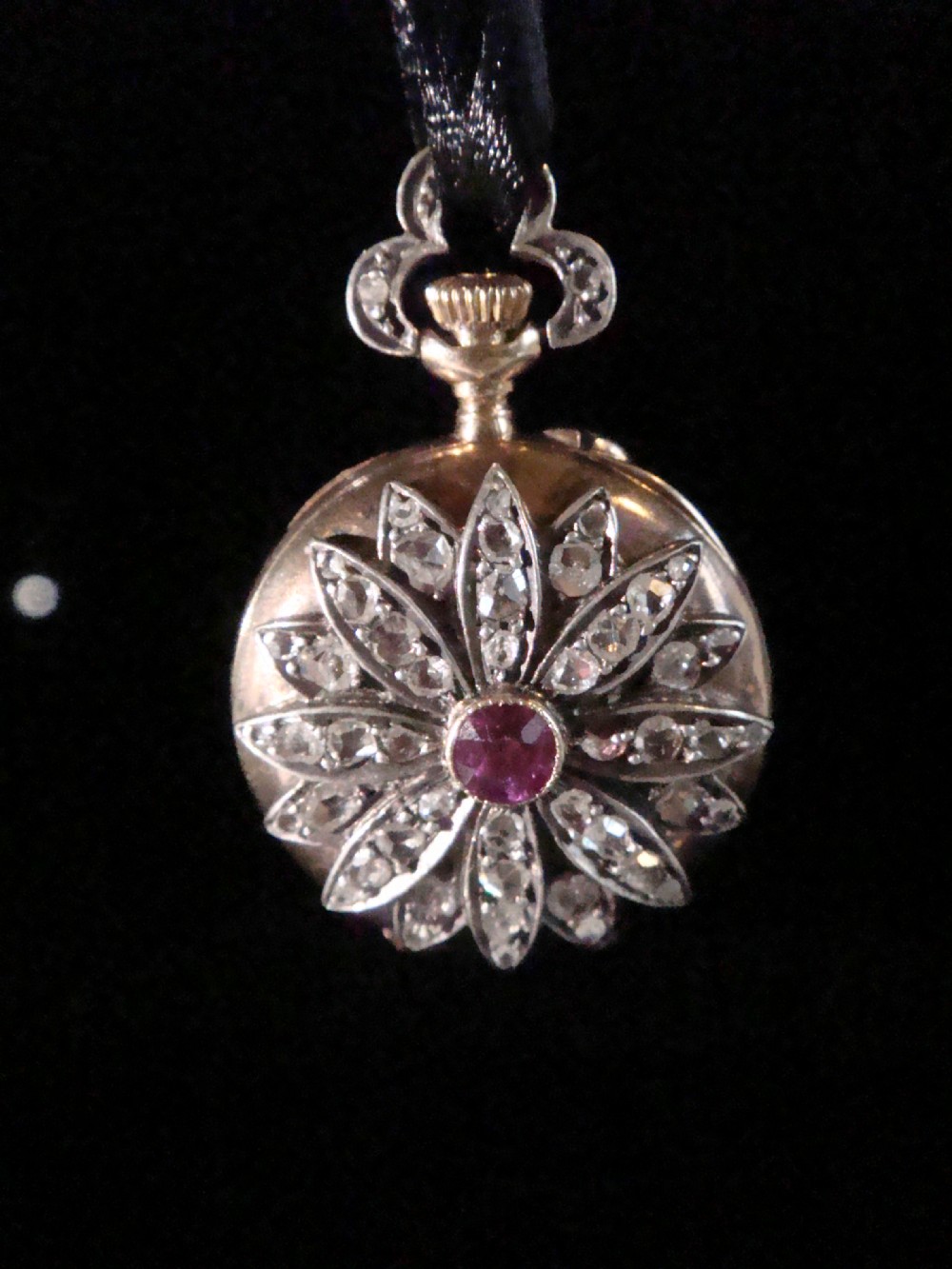 VICTORIAN FRENCH 18CT SILVER OLD CUT DIAMOND RUBY POCKET WATCH PENDANT
