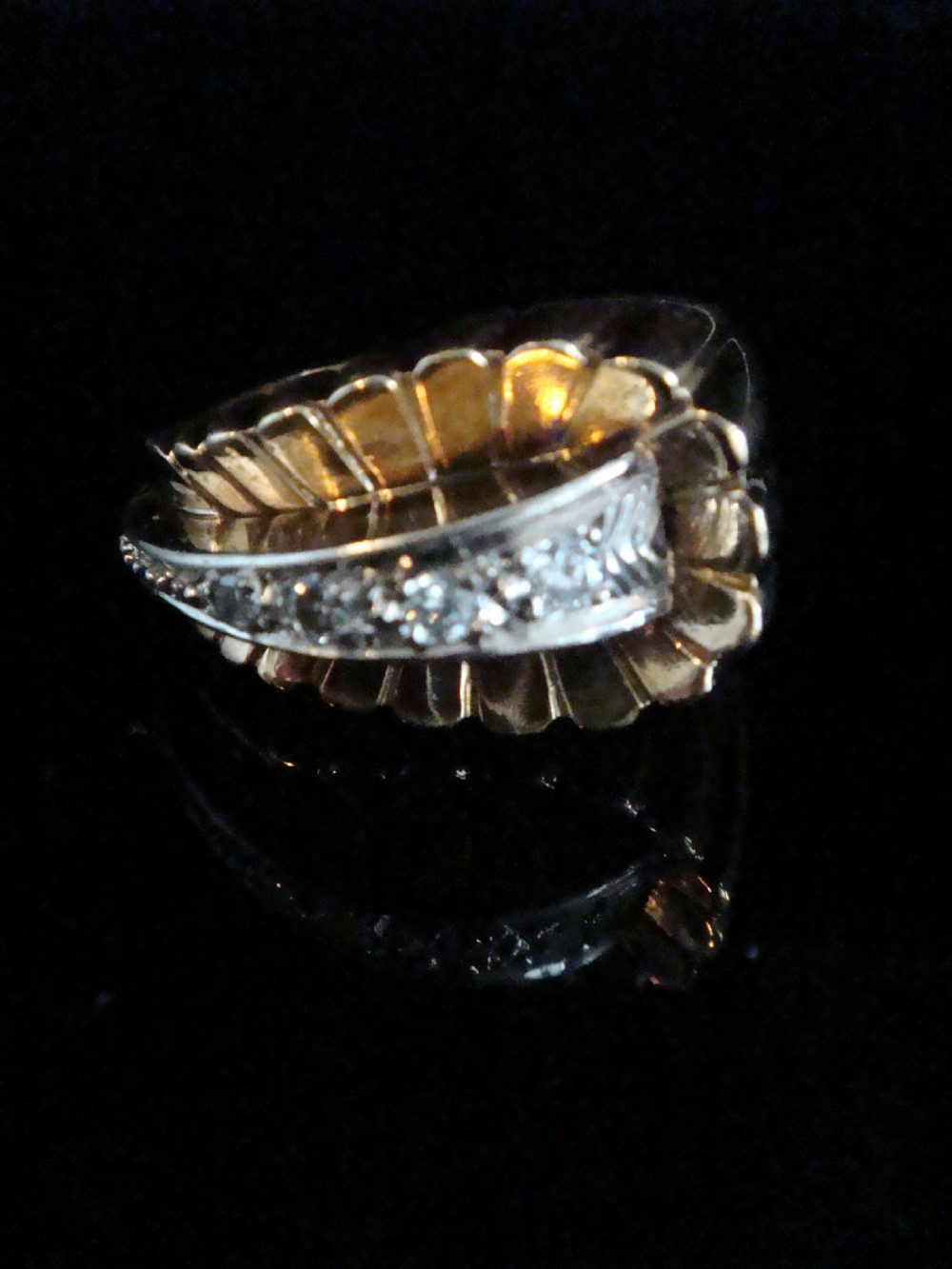 RETRO 1950S FRENCH TANK 18CT SCALLOPED PLATINUM DIAMOND SET COCKTAIL RING View II
