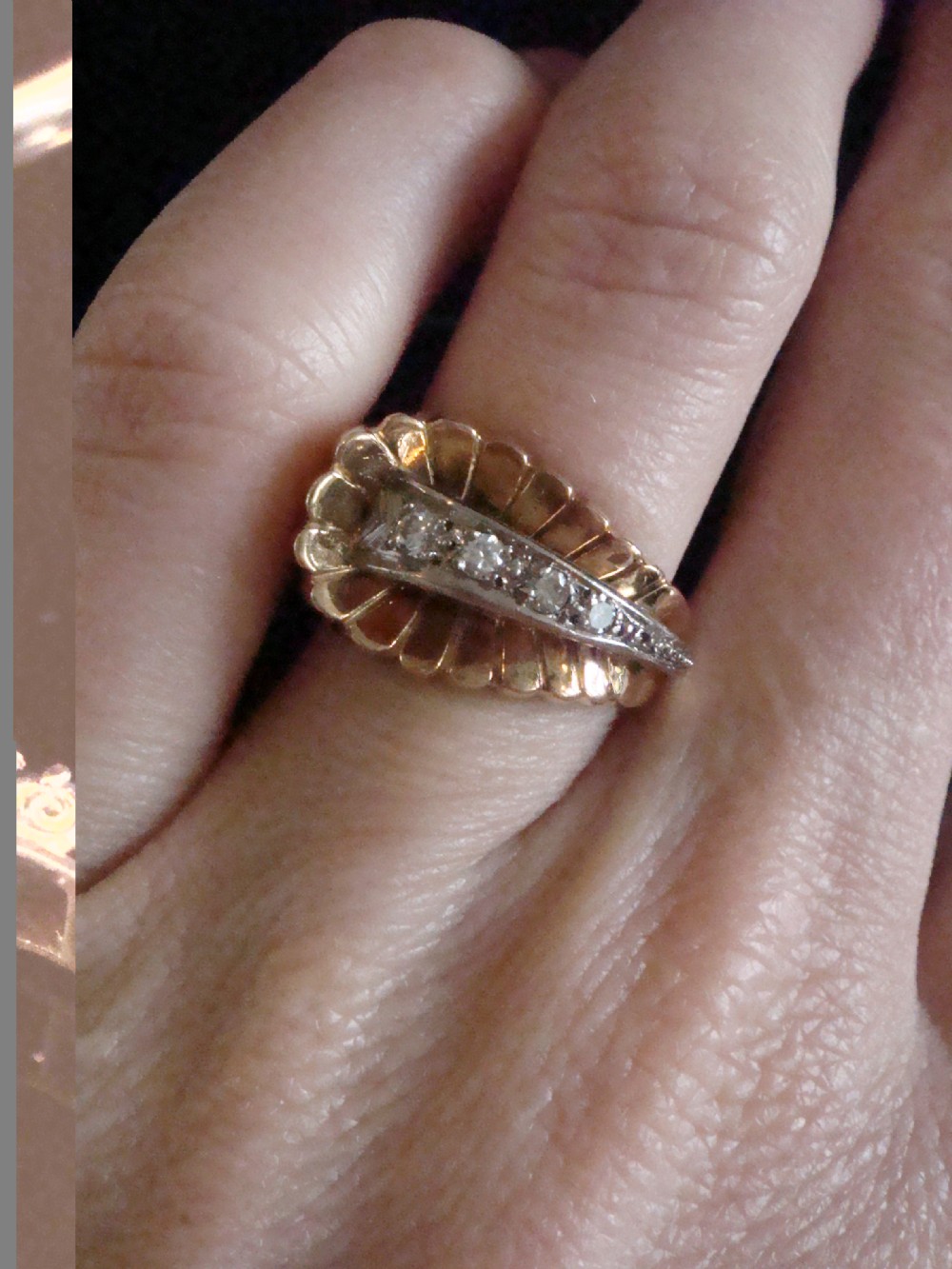 RETRO 1950S FRENCH TANK 18CT SCALLOPED PLATINUM DIAMOND SET COCKTAIL RING View IV