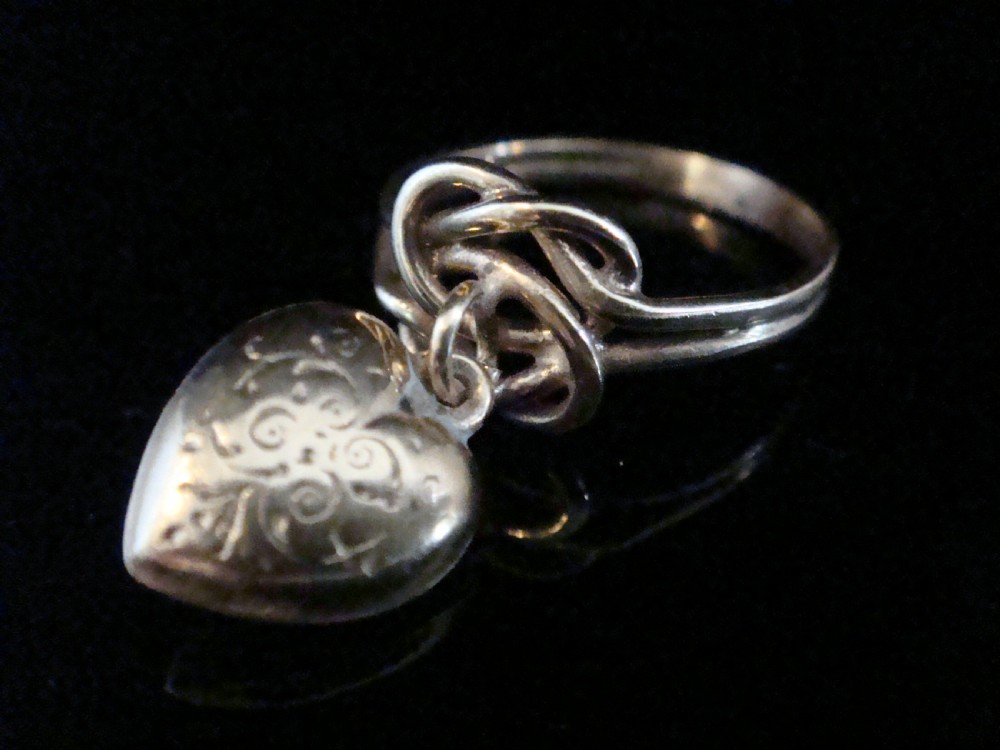 Victorian 9ct rose gold lovers knot dangle heart cultured pearl ring View II