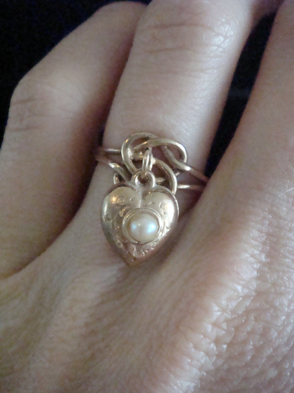 Victorian 9ct rose gold lovers knot dangle heart cultured pearl ring View III