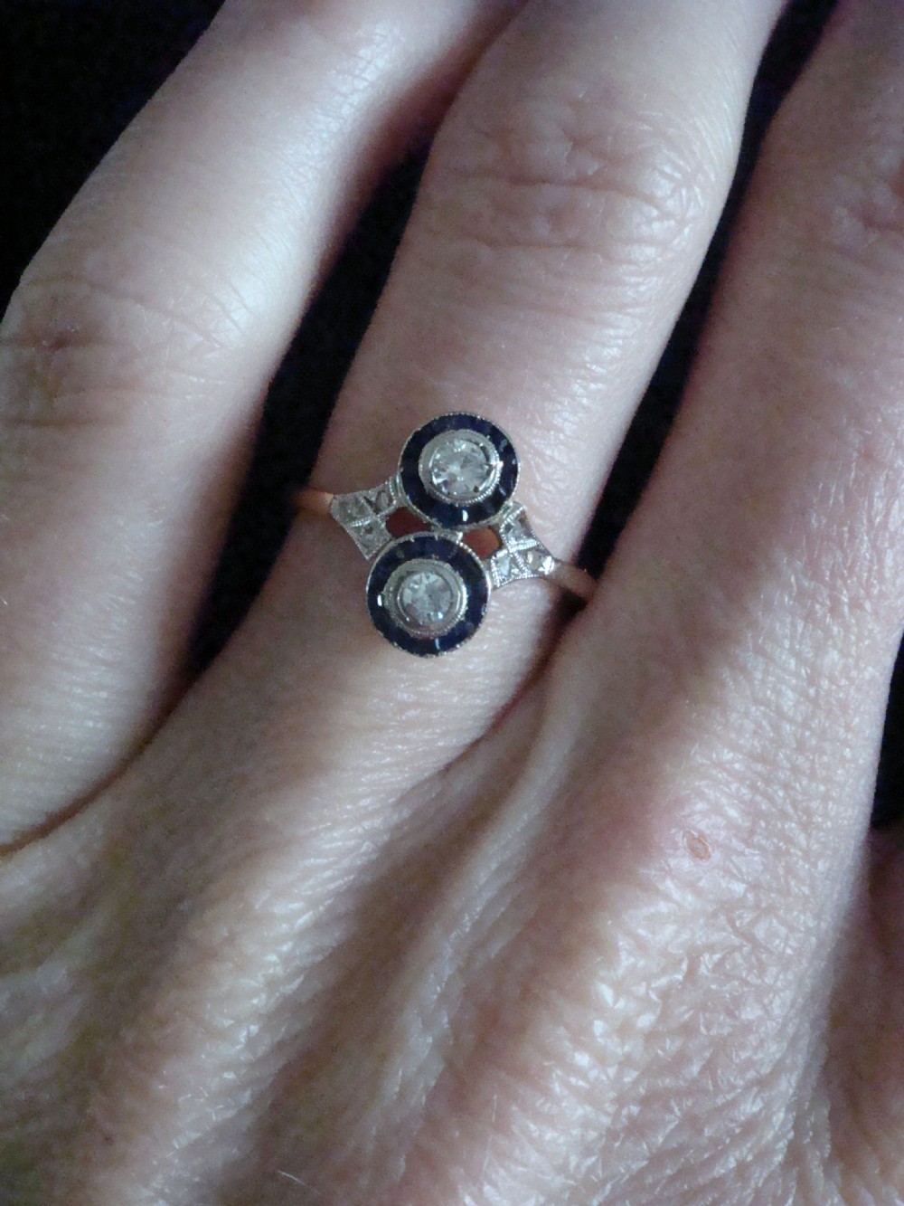 EDWARDIAN 18CT PLATINUM NATURAL CALIBRE CUT SAPPHIRE DIAMOND TOI ET MOI RING View III