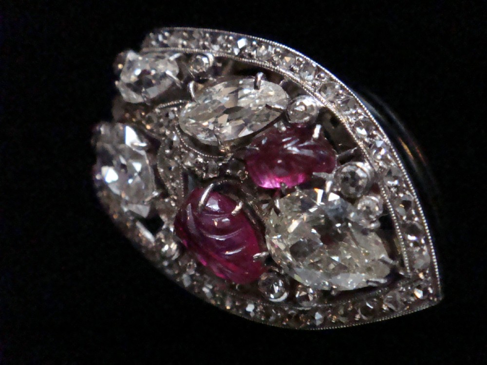 EDWARDIAN FRENCH PLATINUM CARVED RUBY OLD CUT DIAMOND 3.20CT CLIP BROOCH PENDANT View II