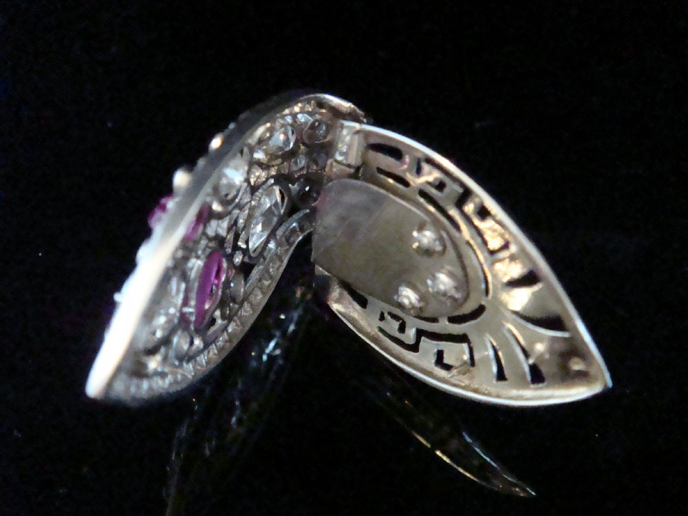 EDWARDIAN FRENCH PLATINUM CARVED RUBY OLD CUT DIAMOND 3.20CT CLIP BROOCH PENDANT View VI