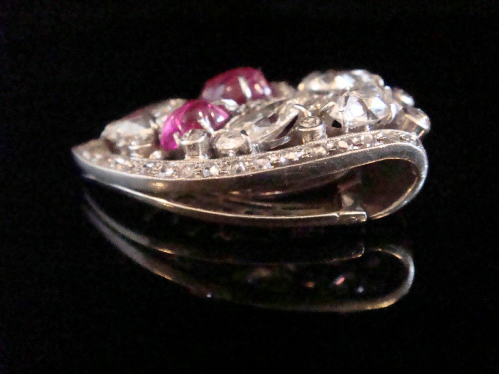 EDWARDIAN FRENCH PLATINUM CARVED RUBY OLD CUT DIAMOND 3.20CT CLIP BROOCH PENDANT View VII