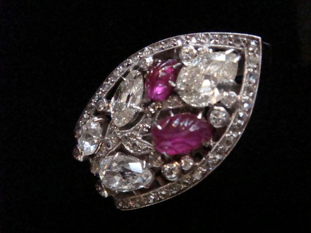 EDWARDIAN FRENCH PLATINUM CARVED RUBY OLD CUT DIAMOND 3.20CT CLIP BROOCH PENDANT View VIII
