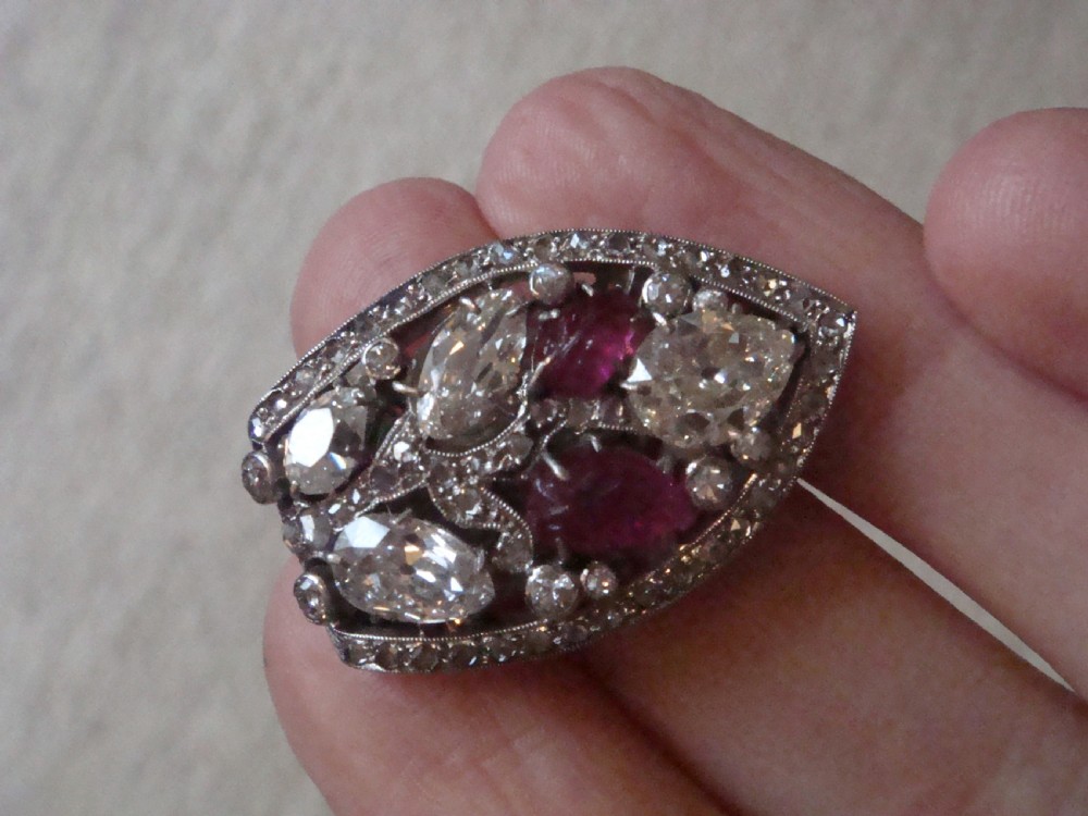 EDWARDIAN FRENCH PLATINUM CARVED RUBY OLD CUT DIAMOND 3.20CT CLIP BROOCH PENDANT View IX