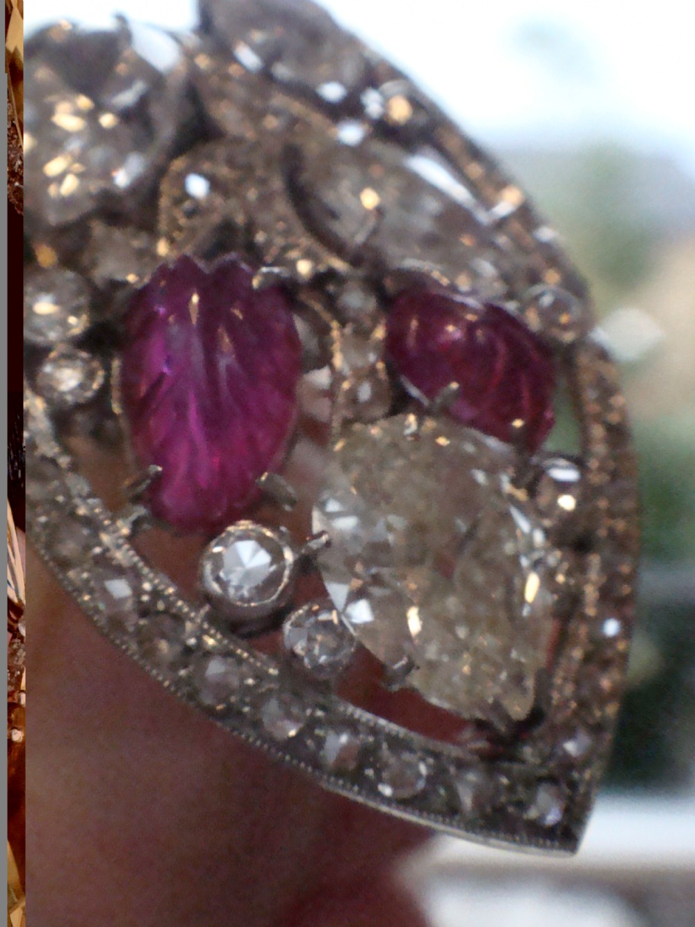 EDWARDIAN FRENCH PLATINUM CARVED RUBY OLD CUT DIAMOND 3.20CT CLIP BROOCH PENDANT View X