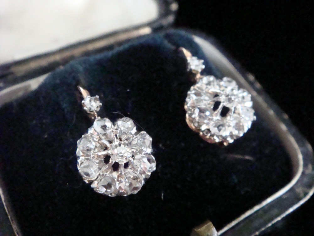 Edwardian French 18ct platinum rose cut diamond cluster earrings