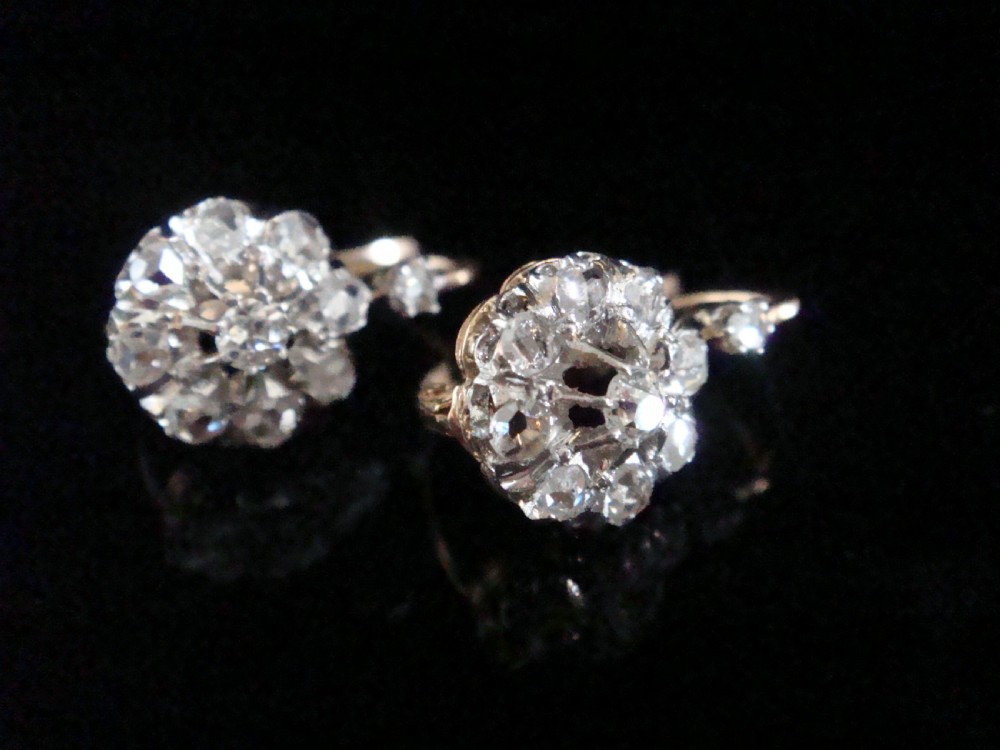 Edwardian French 18ct platinum rose cut diamond cluster earrings View II