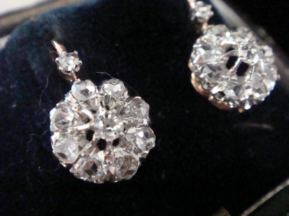 Edwardian French 18ct platinum rose cut diamond cluster earrings View V