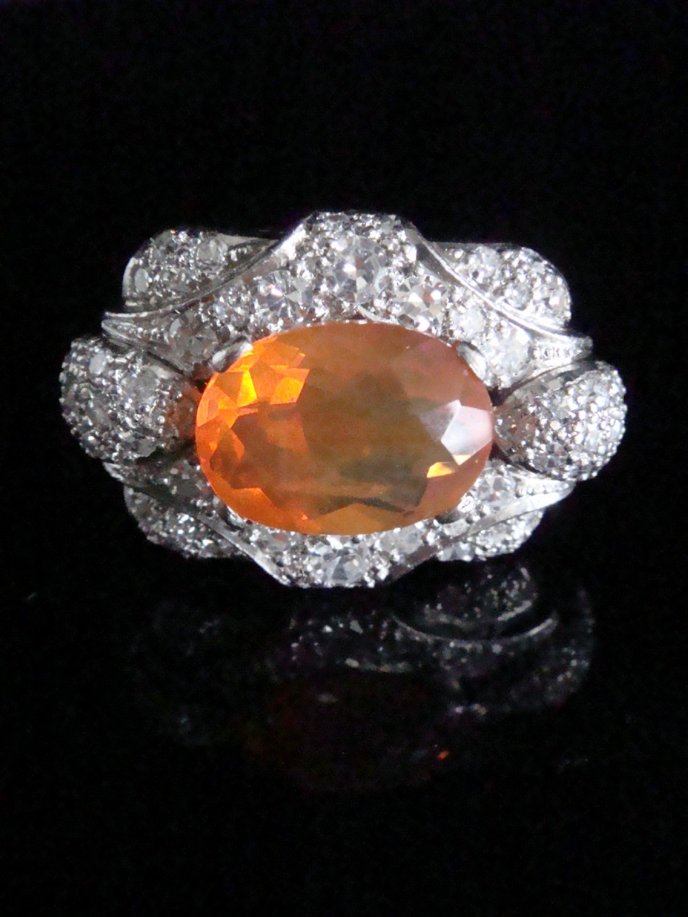 ART DECO PLATINUM HUGE NATURAL FIRE OPAL 3CT AND DIAMOND TANK RING