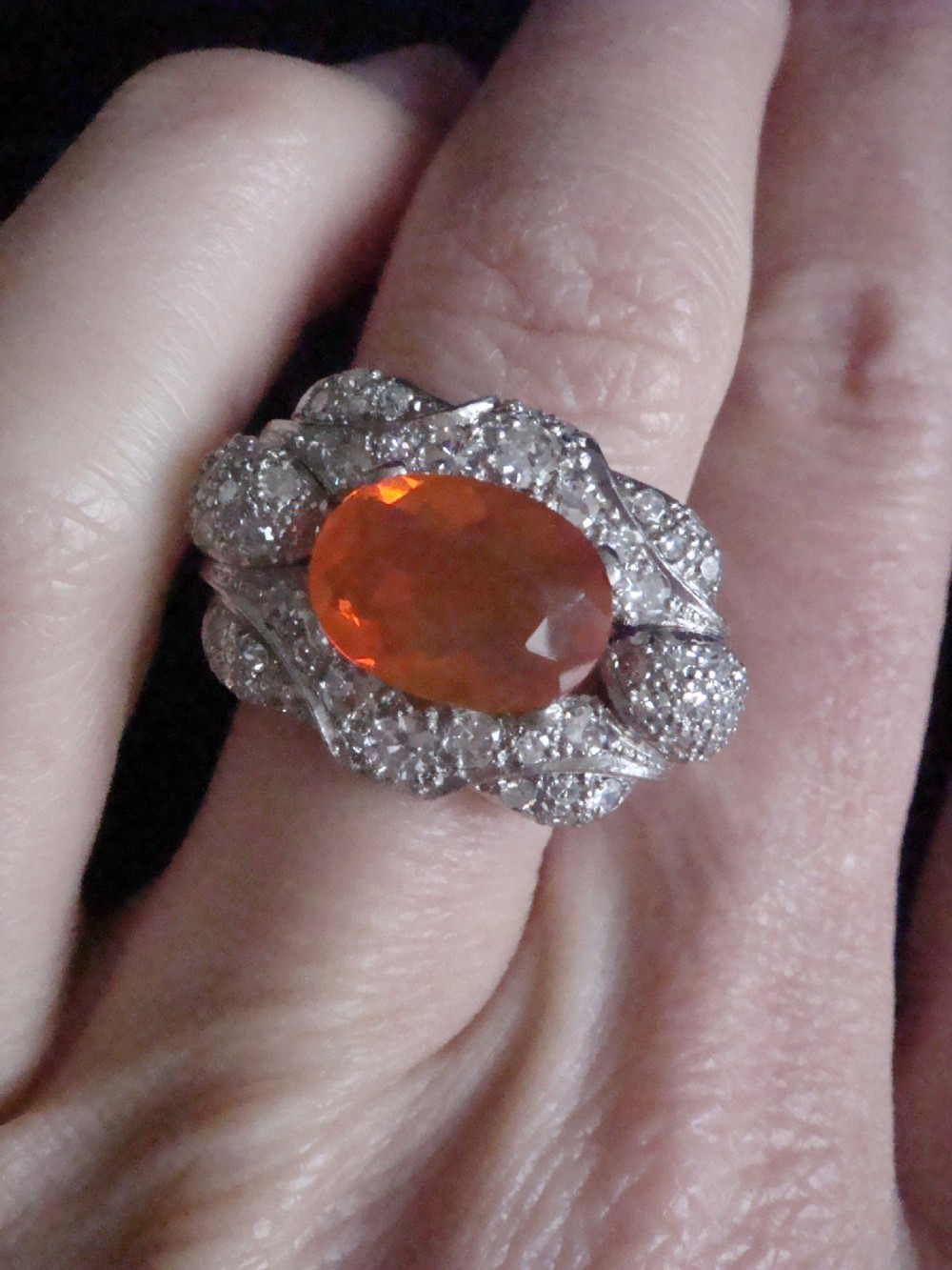 ART DECO PLATINUM HUGE NATURAL FIRE OPAL 3CT AND DIAMOND TANK RING View II