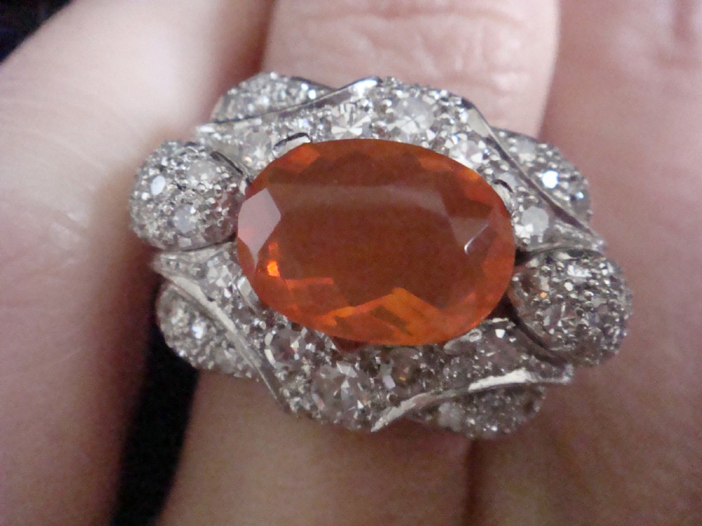 ART DECO PLATINUM HUGE NATURAL FIRE OPAL 3CT AND DIAMOND TANK RING View IV