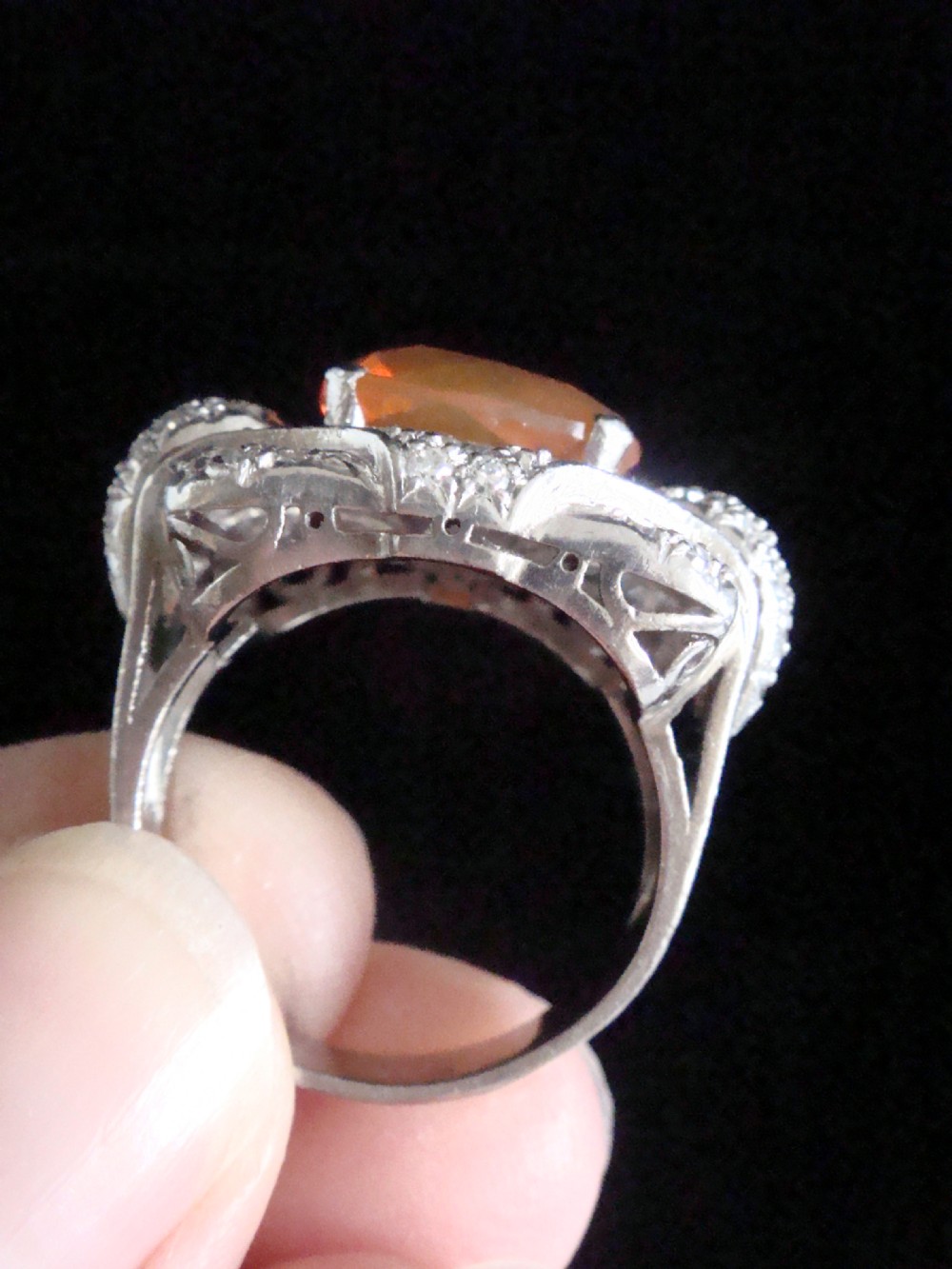 ART DECO PLATINUM HUGE NATURAL FIRE OPAL 3CT AND DIAMOND TANK RING View V