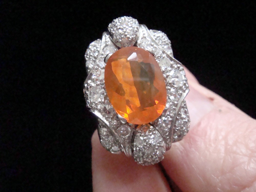 ART DECO PLATINUM HUGE NATURAL FIRE OPAL 3CT AND DIAMOND TANK RING View VI