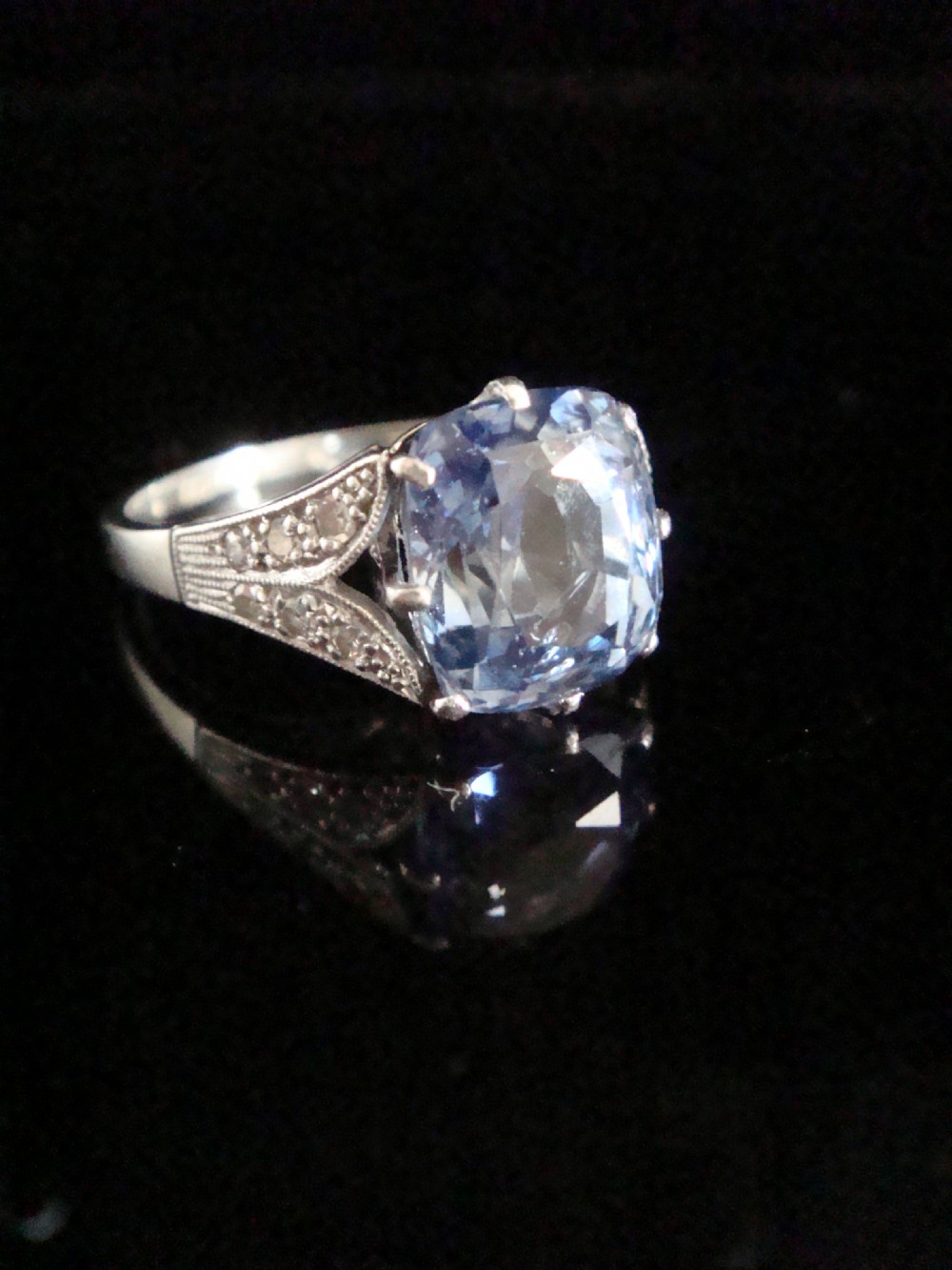 Fine Edwardian 18ct white gold platinum Natural cushion cut Ceylon Sapphire diamond ring View II