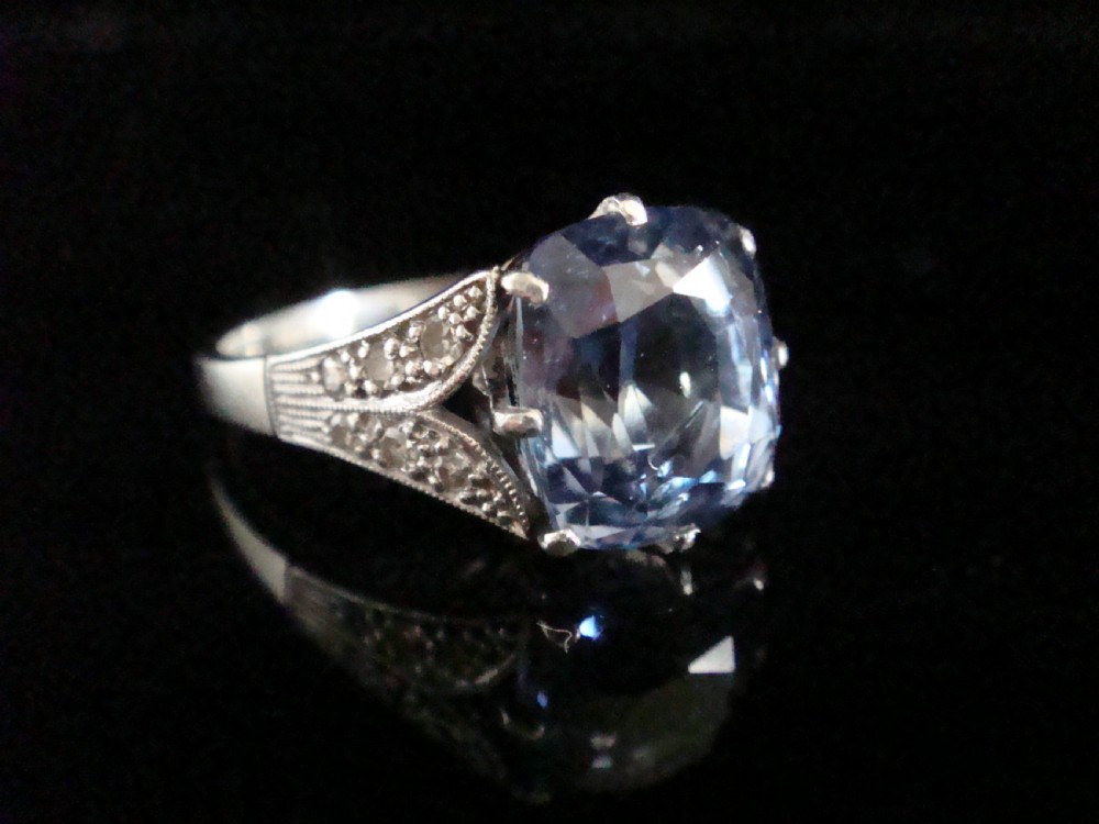 Fine Edwardian 18ct white gold platinum Natural cushion cut Ceylon Sapphire diamond ring View III
