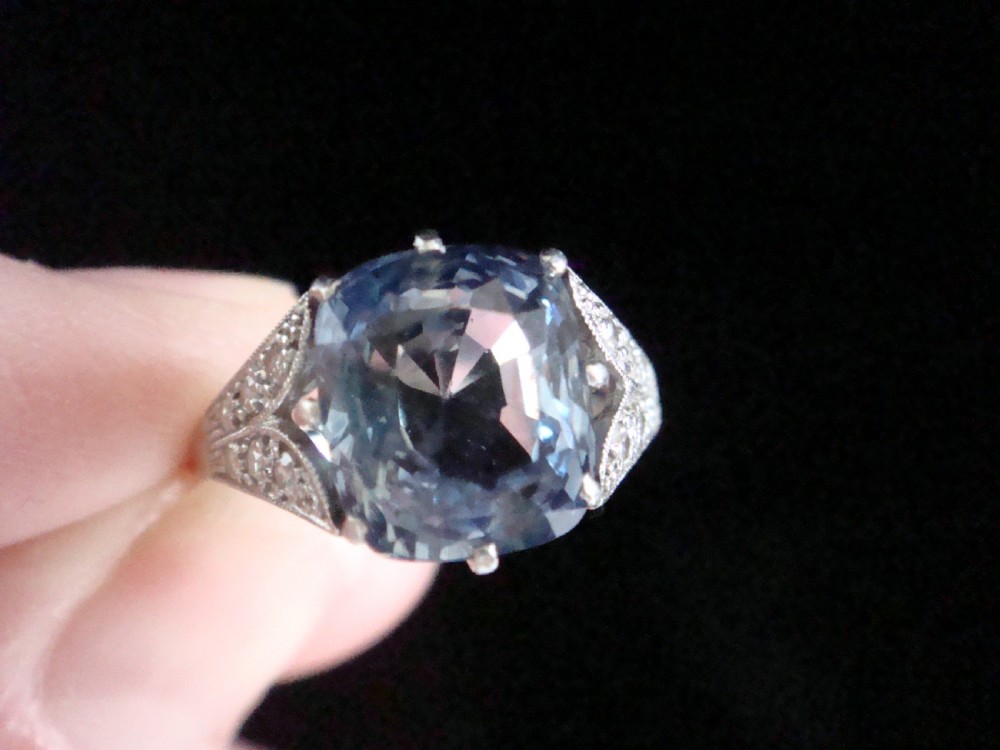 Fine Edwardian 18ct white gold platinum Natural cushion cut Ceylon Sapphire diamond ring View V