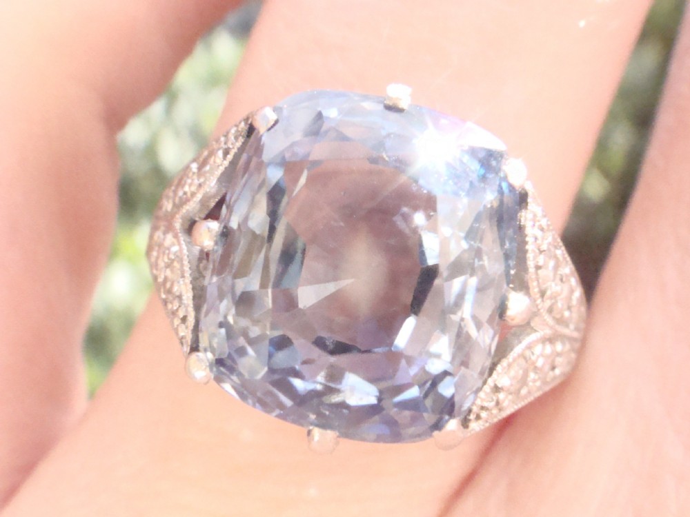 Fine Edwardian 18ct white gold platinum Natural cushion cut Ceylon Sapphire diamond ring View VII