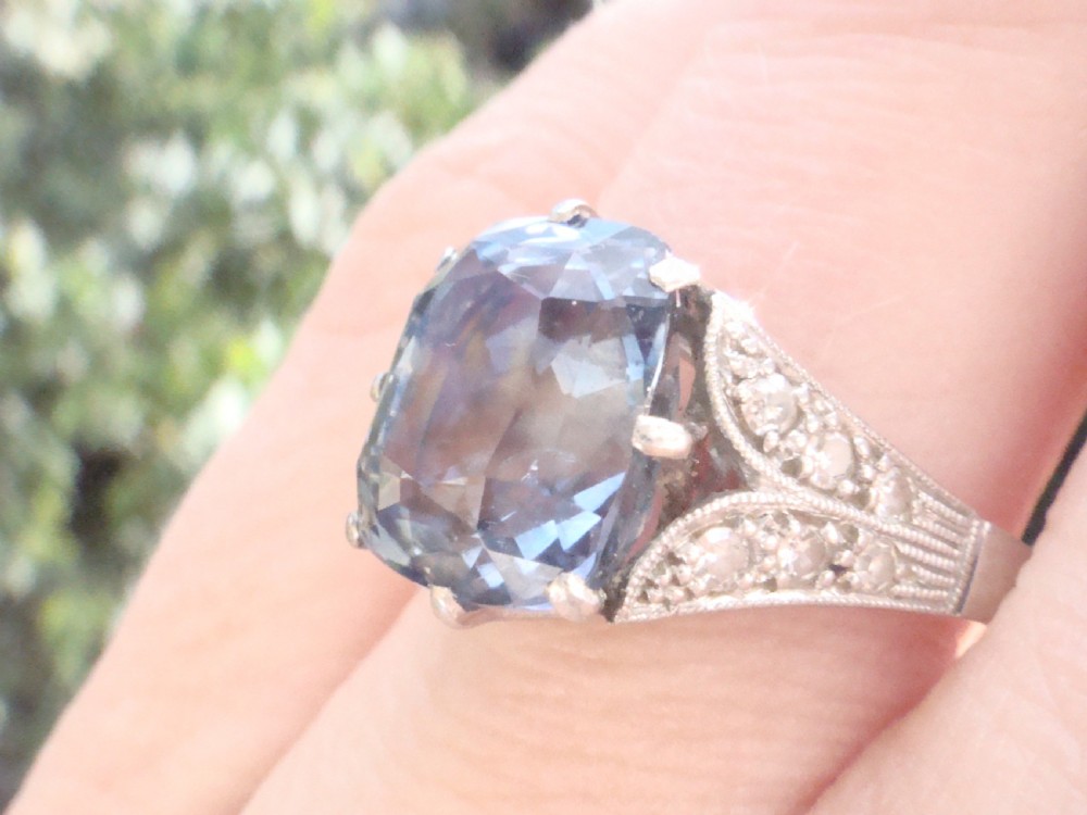 Fine Edwardian 18ct white gold platinum Natural cushion cut Ceylon Sapphire diamond ring View VIII