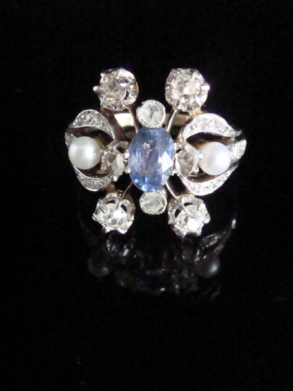 EDWARDIAN FRENCH 18CT YELLOW GOLD PLATINUM CEYLON SAPPHIRE DIAMOND PEARL RING
