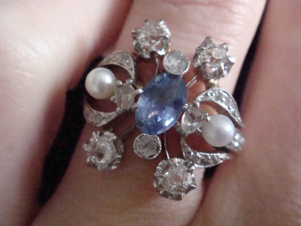 EDWARDIAN FRENCH 18CT YELLOW GOLD PLATINUM CEYLON SAPPHIRE DIAMOND PEARL RING View III