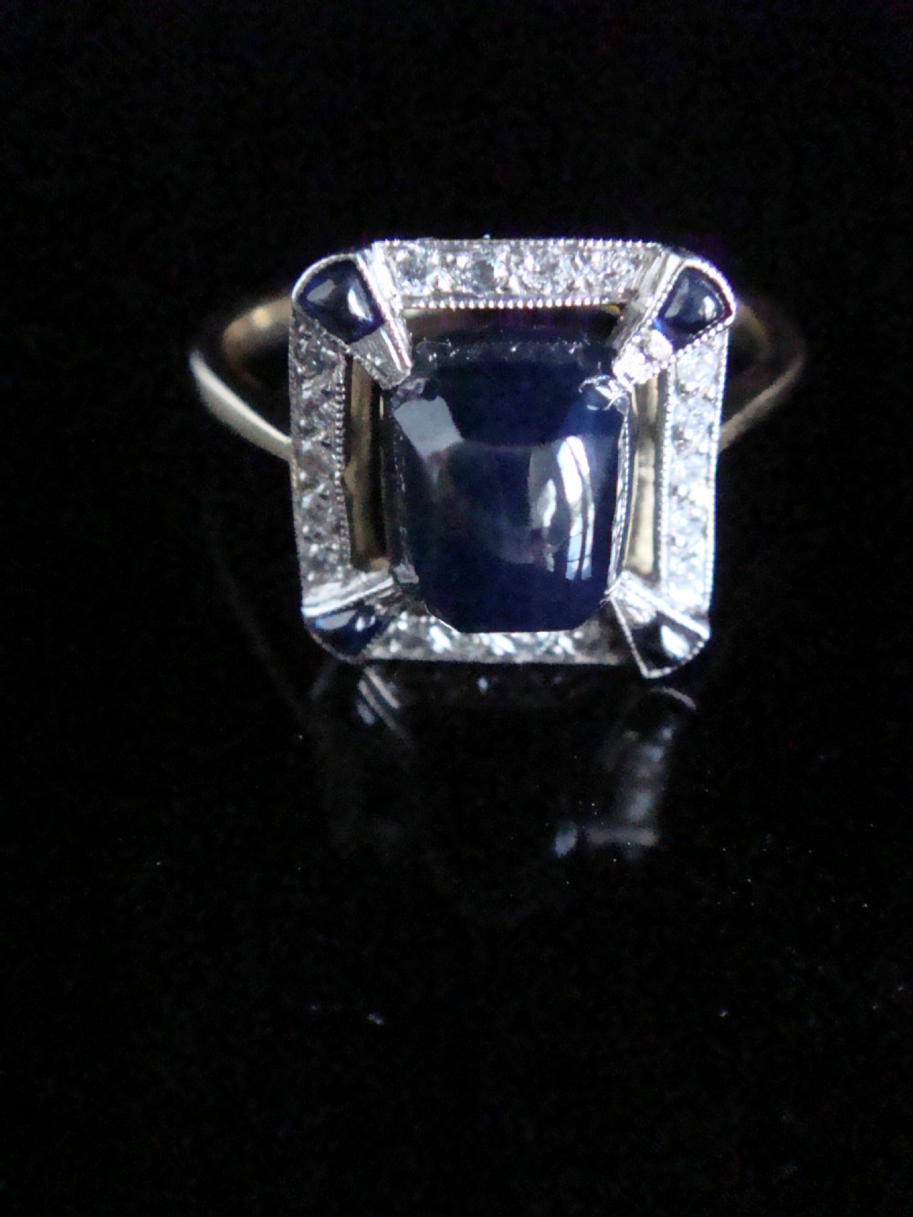 French Art Deco Platinum 18ct cabochon sapphire and old cut diamond square ring