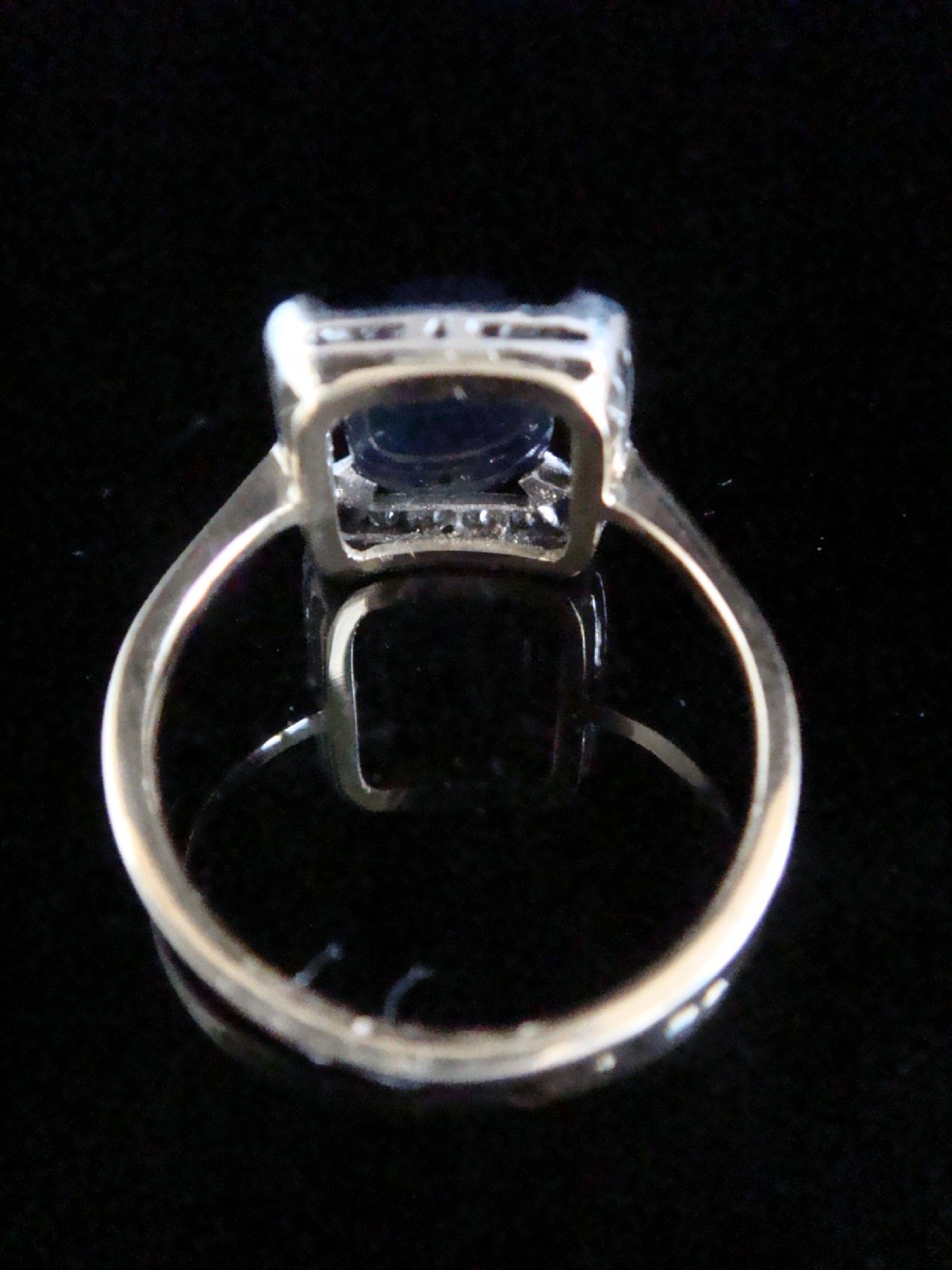 French Art Deco Platinum 18ct cabochon sapphire and old cut diamond square ring View II