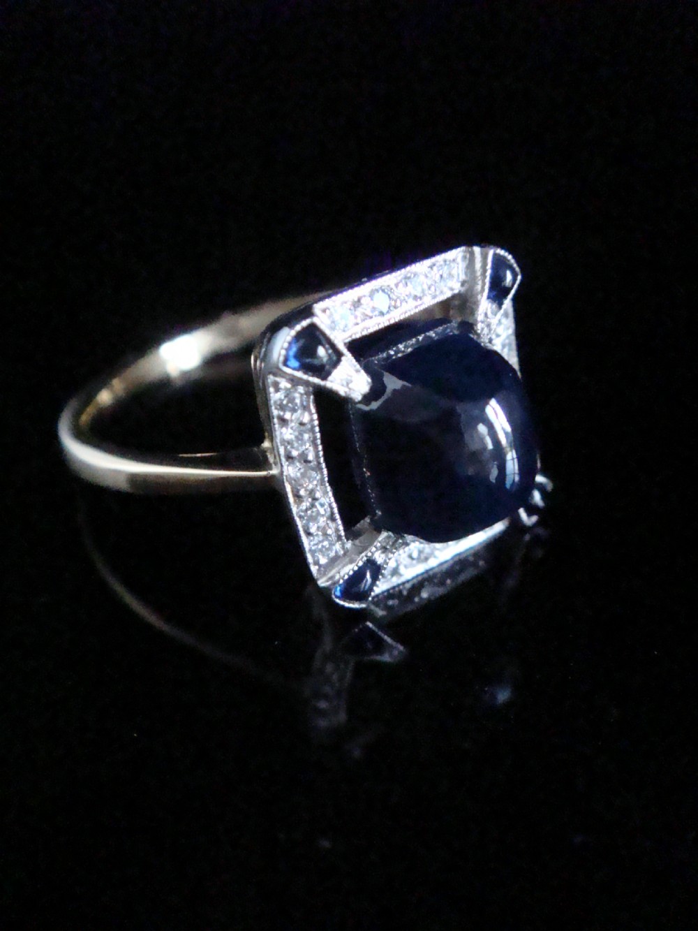 French Art Deco Platinum 18ct cabochon sapphire and old cut diamond square ring View III