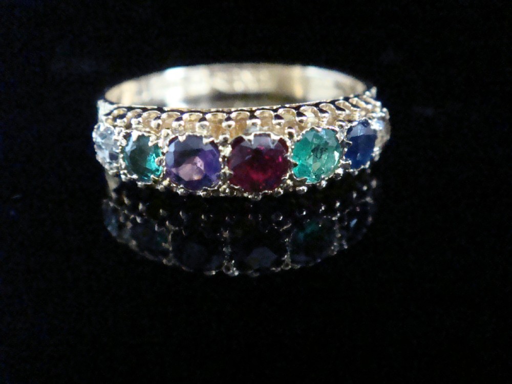 VICTORIAN 15CT YELLOW GOLD DEAREST DIAMOND EMERALD AMETHYST RUBY SAPPHIRE RING