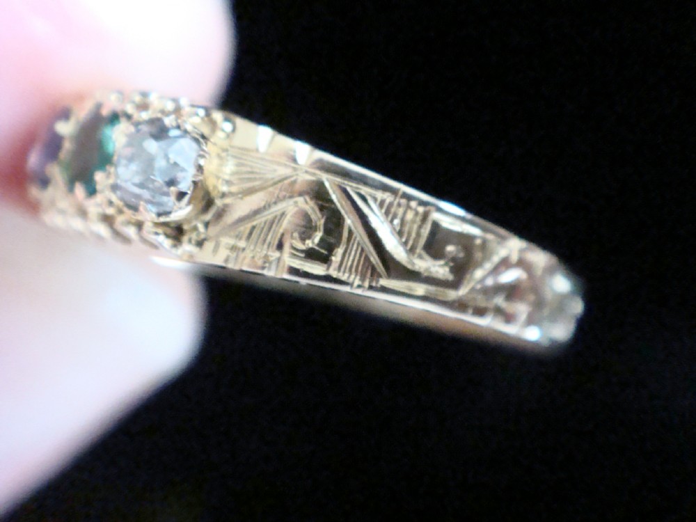 VICTORIAN 15CT YELLOW GOLD DEAREST DIAMOND EMERALD AMETHYST RUBY SAPPHIRE RING View III
