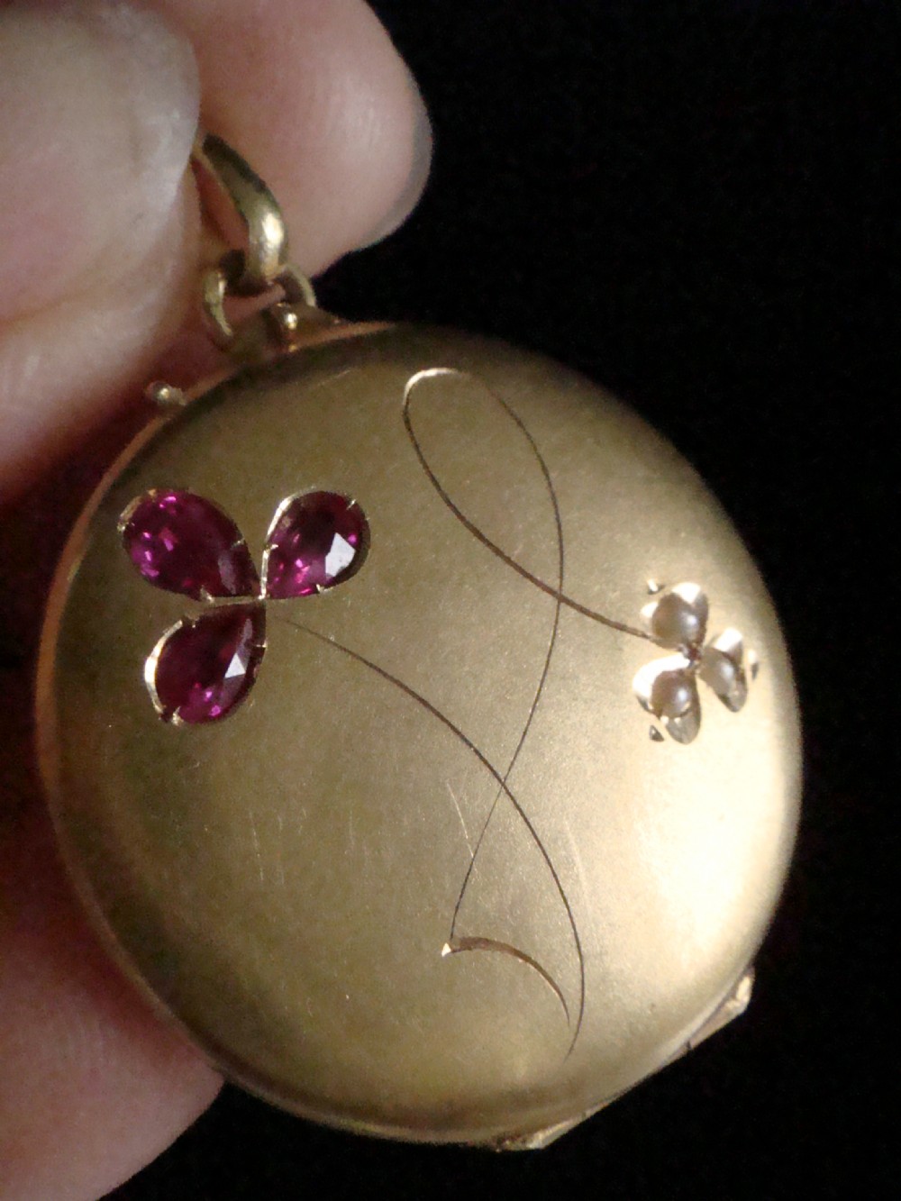 ART NOUVEAU 18CT HIGH CARAT FRENCH RUBY SEED PEARL LOCKET PENDANT 5g View II