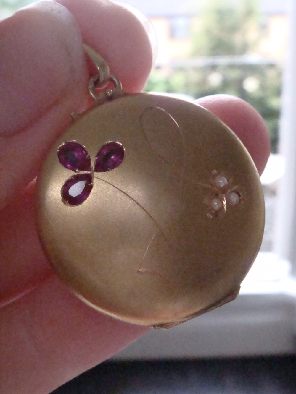 ART NOUVEAU 18CT HIGH CARAT FRENCH RUBY SEED PEARL LOCKET PENDANT 5g View IV