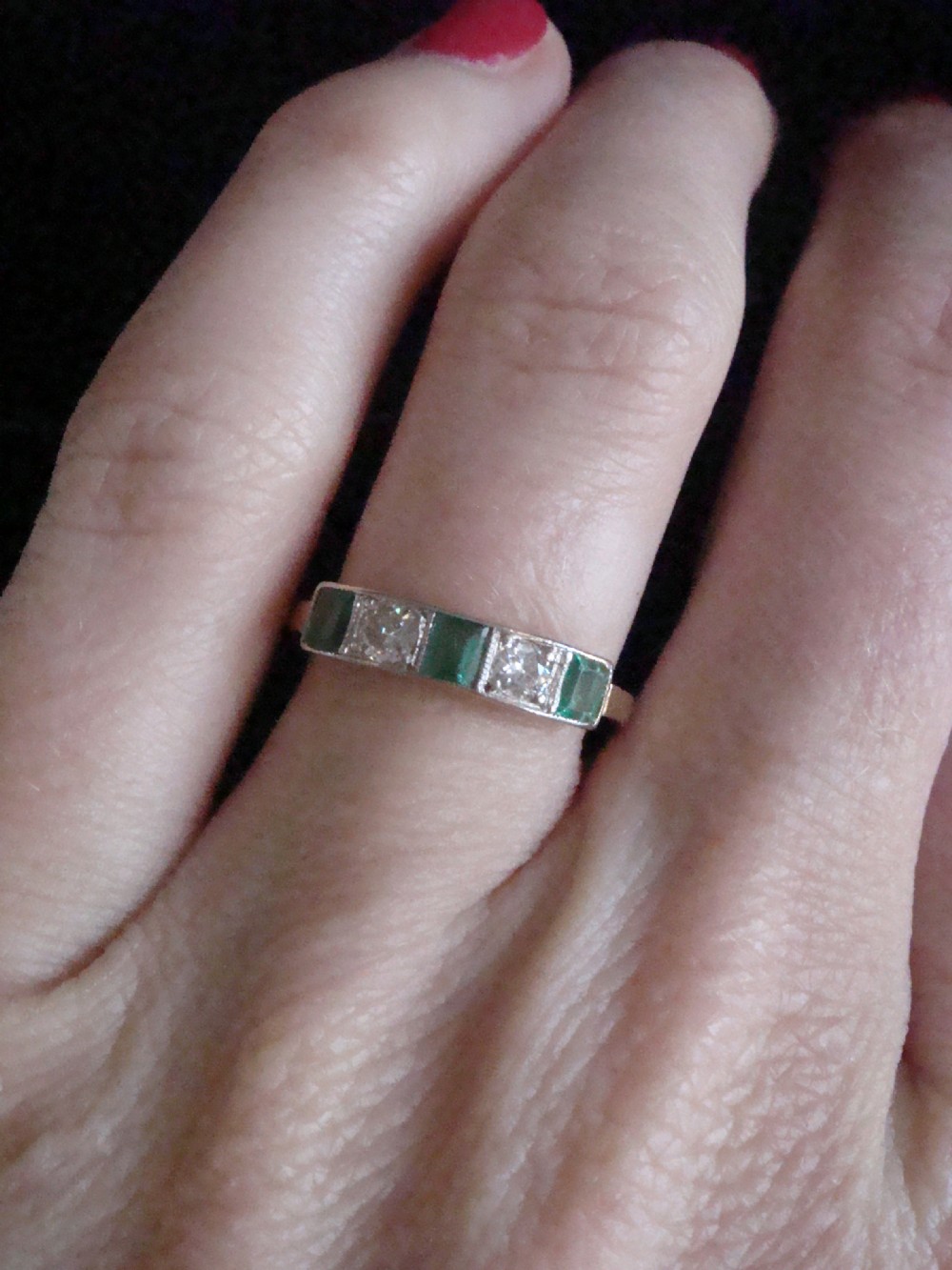 EDWARDIAN 18CT YELLOW GOLD NATURAL EMERALD & OLD CUT DIAMOND 5 STONE RING View VI