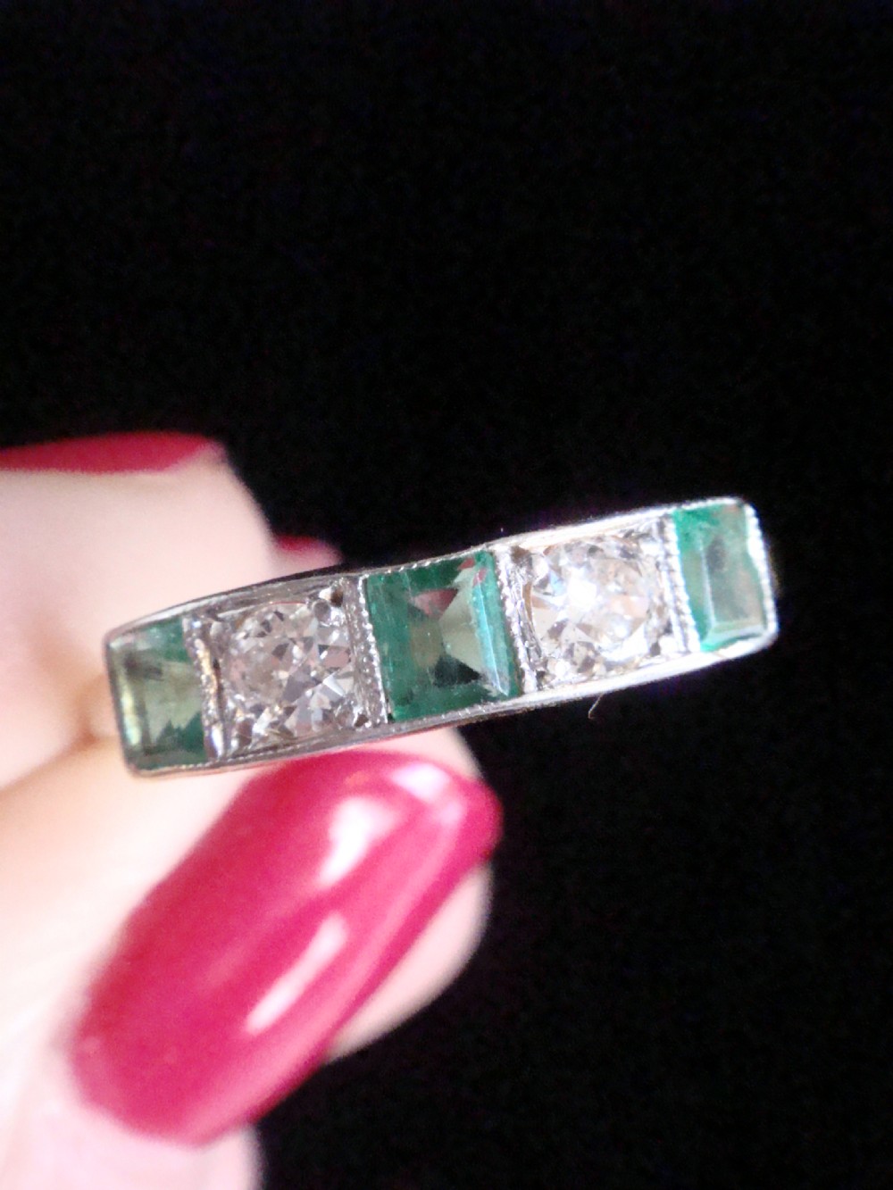 EDWARDIAN 18CT YELLOW GOLD NATURAL EMERALD & OLD CUT DIAMOND 5 STONE RING View VII