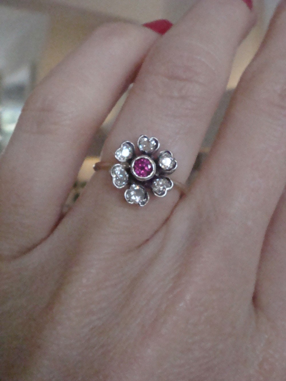 EDWARDIAN 18CT YELLOW GOLD RUBY OLD CUT DIAMOND FLOWER CLUSTER RING View VI