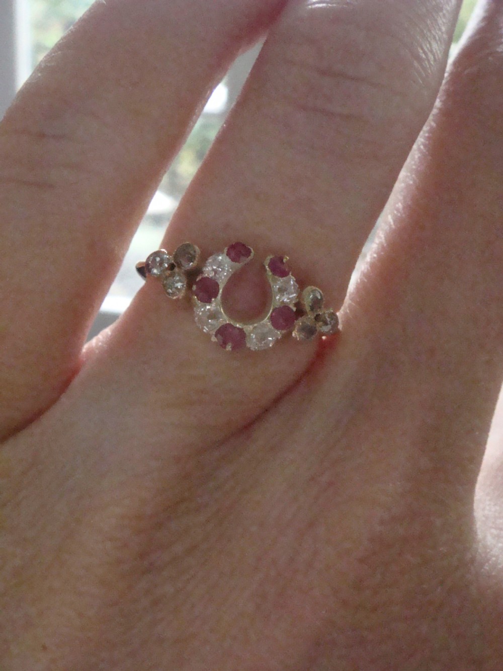 EDWARDIAN 18k 18CT YELLOW GOLD RUBY DIAMOND HORSESHOE RING View IV