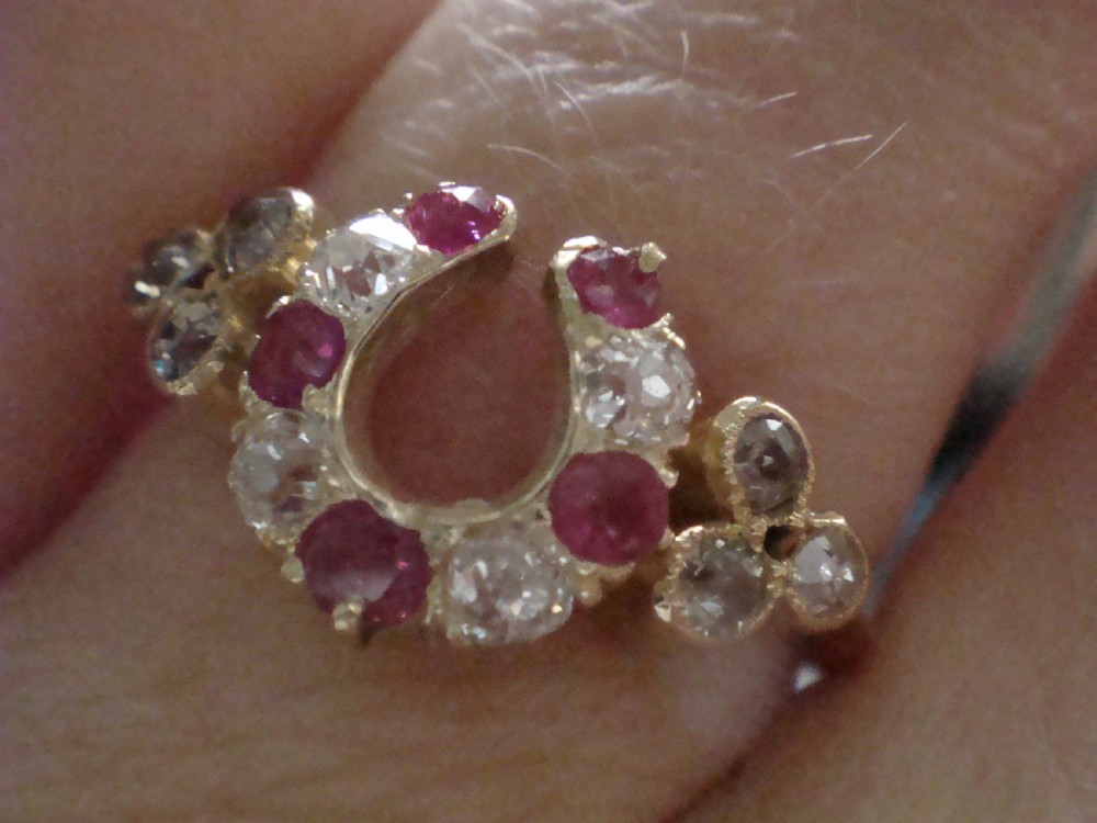 EDWARDIAN 18k 18CT YELLOW GOLD RUBY DIAMOND HORSESHOE RING View V