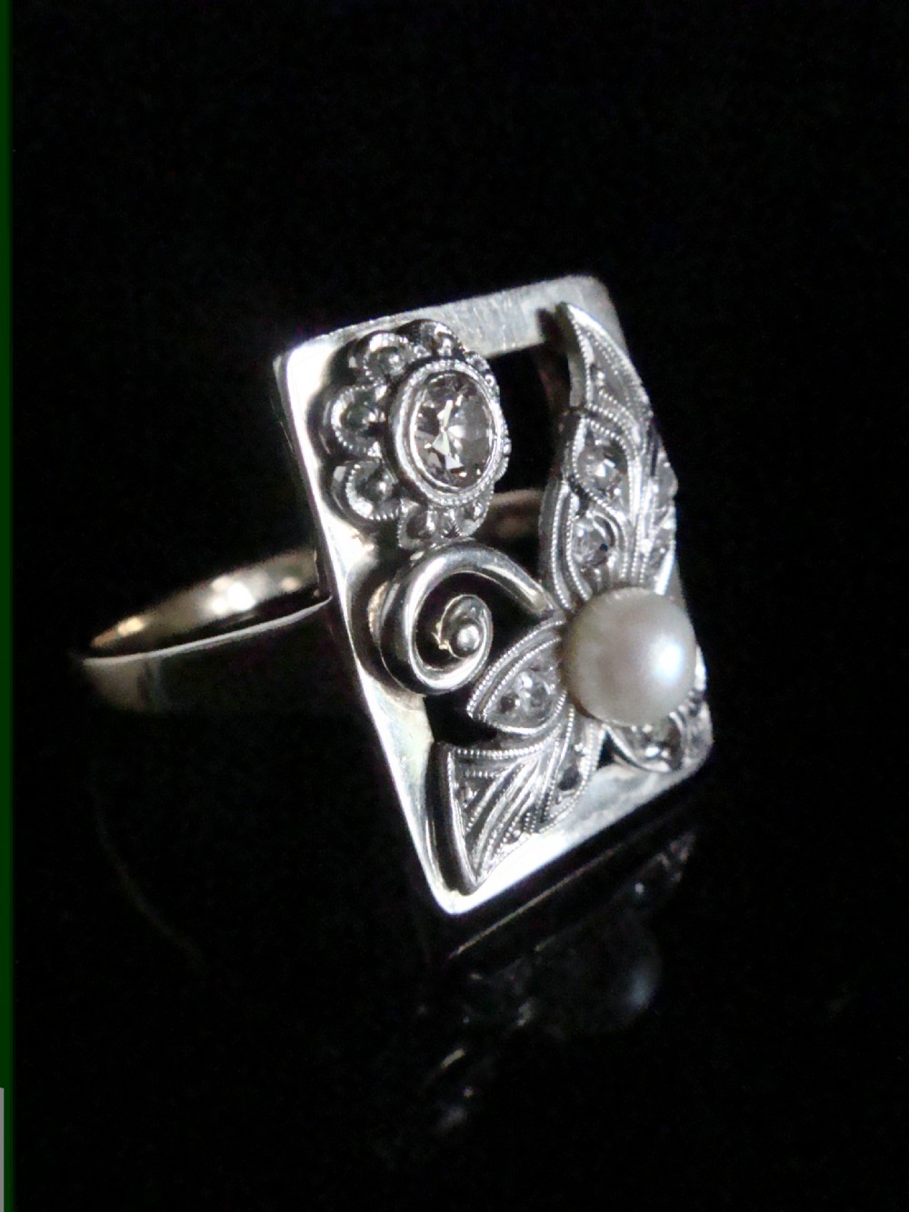 ART NOUVEAU 14CT WHITE & ROSE GOLD PEARL ORNATE ROSE CUT DIAMOND RING View II