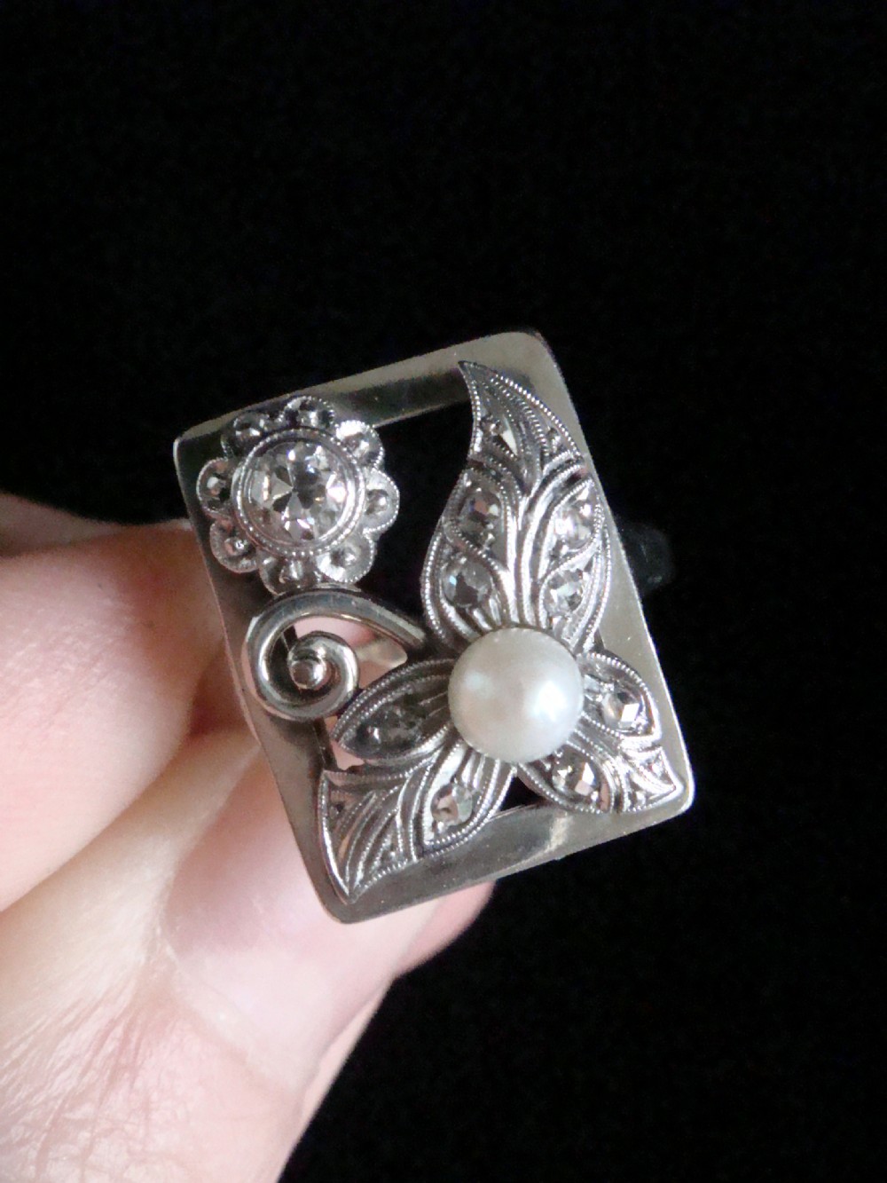 ART NOUVEAU 14CT WHITE & ROSE GOLD PEARL ORNATE ROSE CUT DIAMOND RING View III