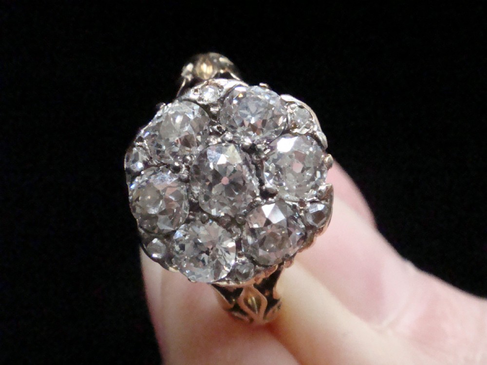Victorian 18ct yellow gold ring featuring a multi-diamond cluster head and ornate scrollwork shoulders. View V