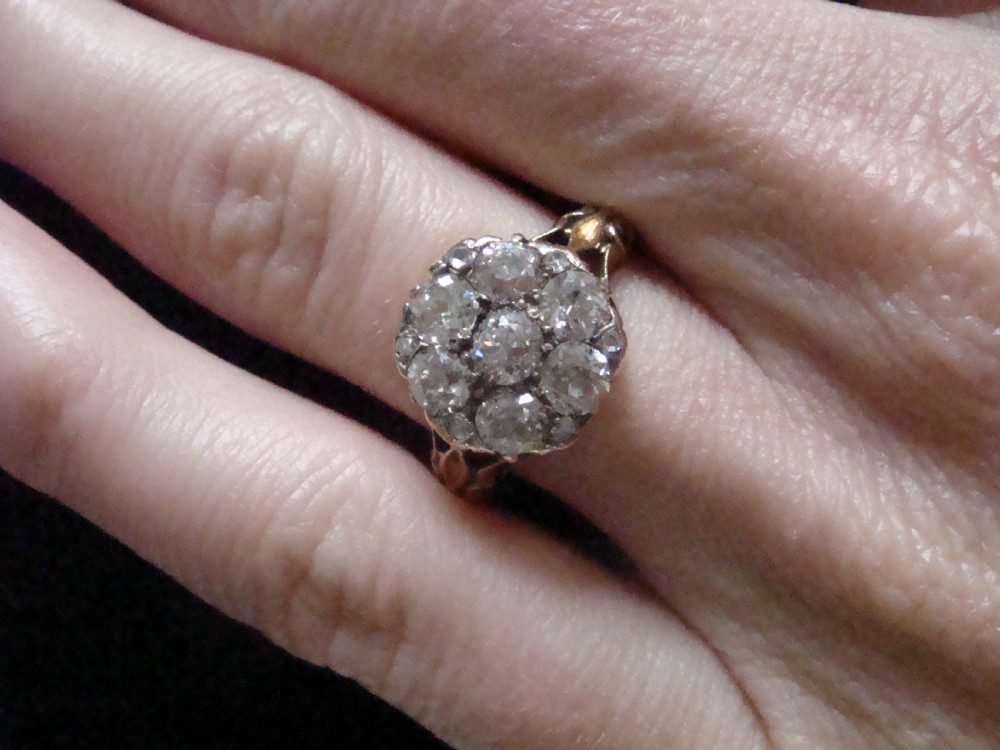 Victorian 18ct yellow gold ring featuring a multi-diamond cluster head and ornate scrollwork shoulders. View VII