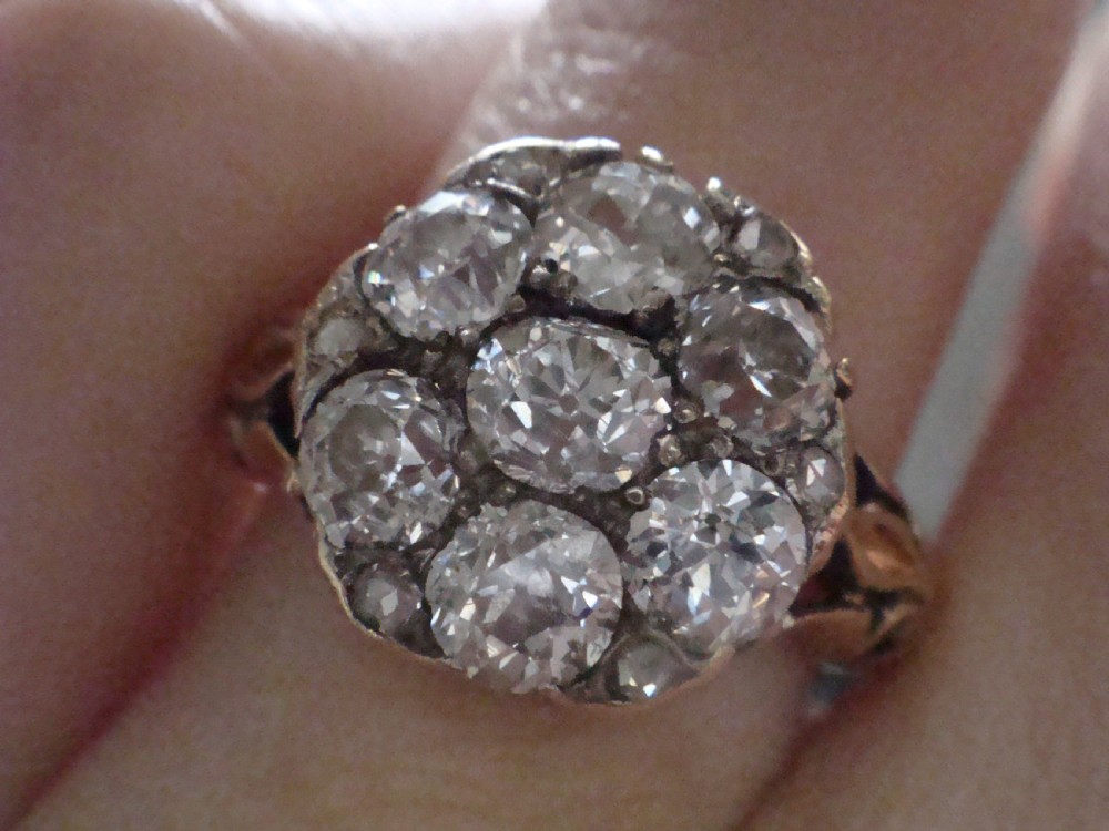 Victorian 18ct yellow gold ring featuring a multi-diamond cluster head and ornate scrollwork shoulders. View IX