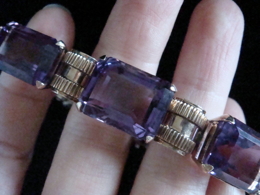 HEAVY RETRO VINTAGE 9CT YELLOW GOLD TANK AMETHYST 100 CARATS BRACELET 44.5G View V