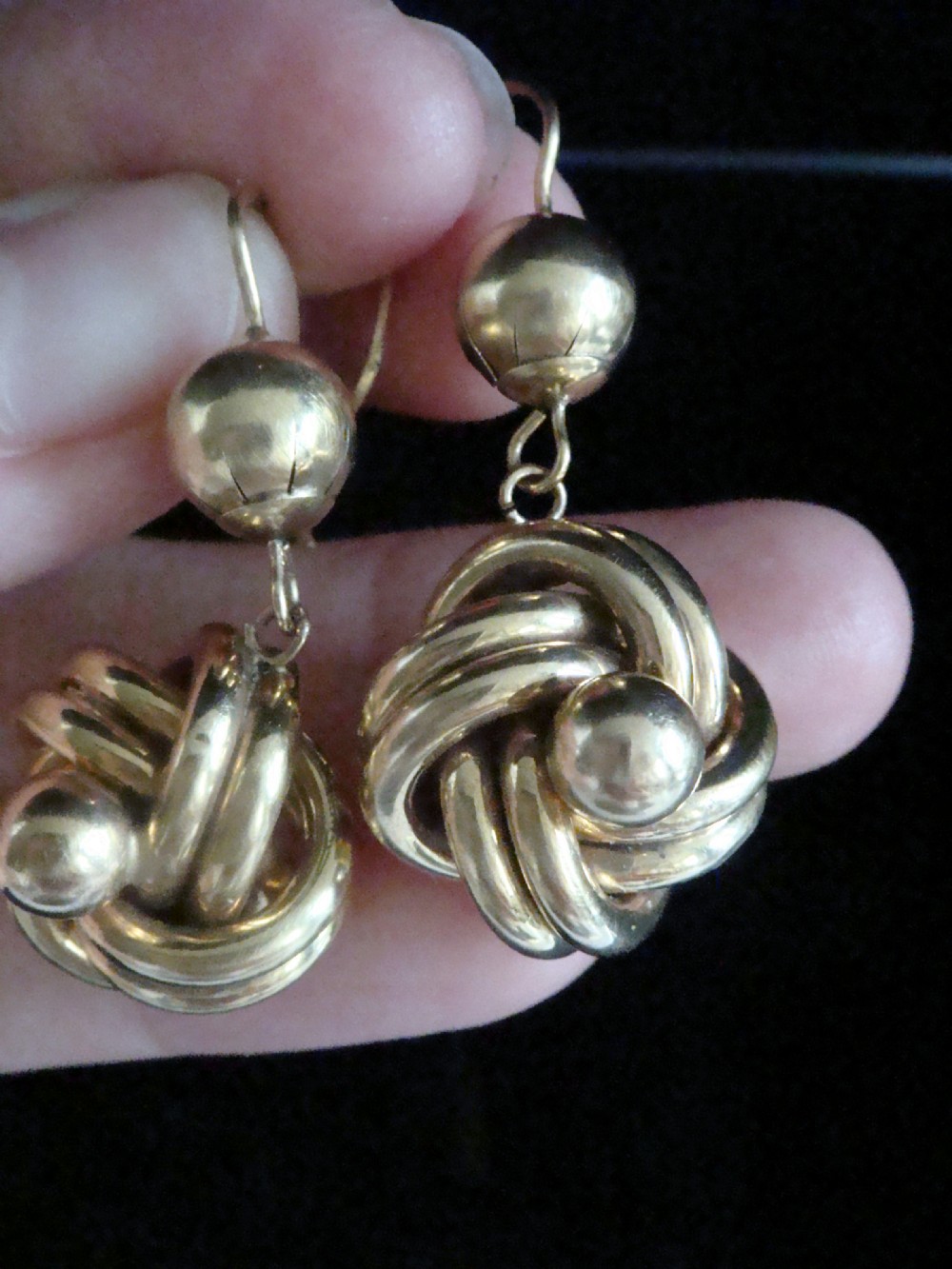 ORIGINAL EXTRA LARGE VICTORIAN 9CT YELLOW GOLD DROP KNOT EARRINGS HOLLOW 5.1G View II